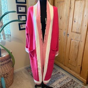 Chic Pink and White Open Front Cardigan